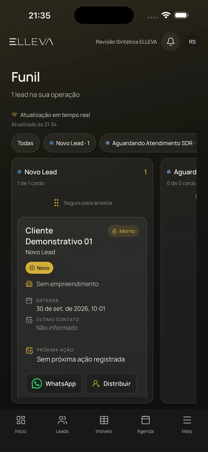 Captura real do app ELLEVA exibindo o funil com dados fictícios